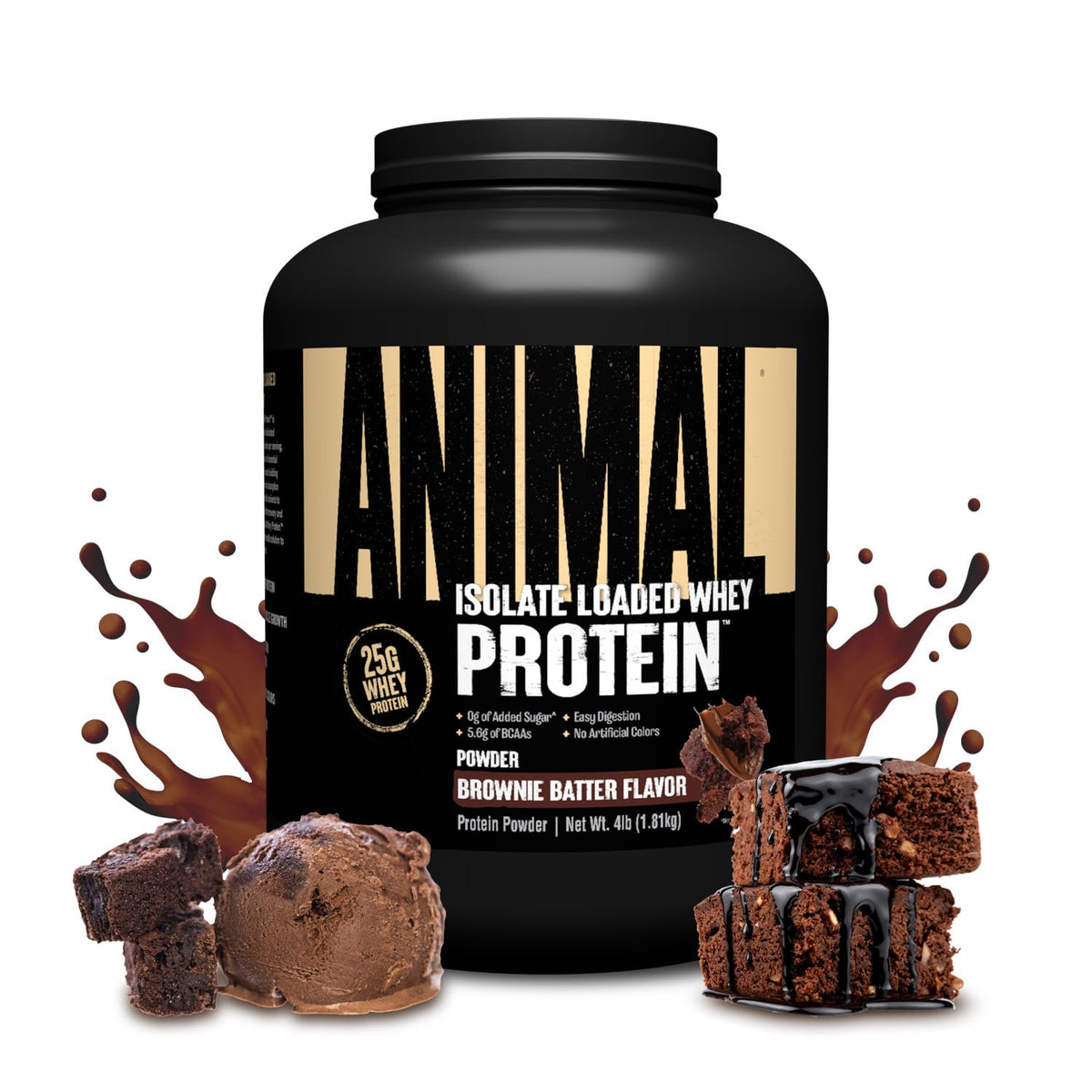Animal Whey Isolate envase frontal mostrando sabor Brownie Batter y beneficios
