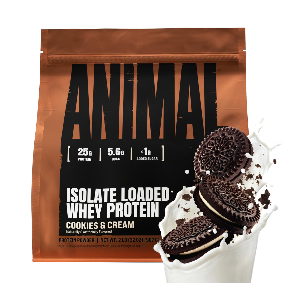 Animal Whey Isolate frente del envase mostrando sabor y tamaño, confianza de marca