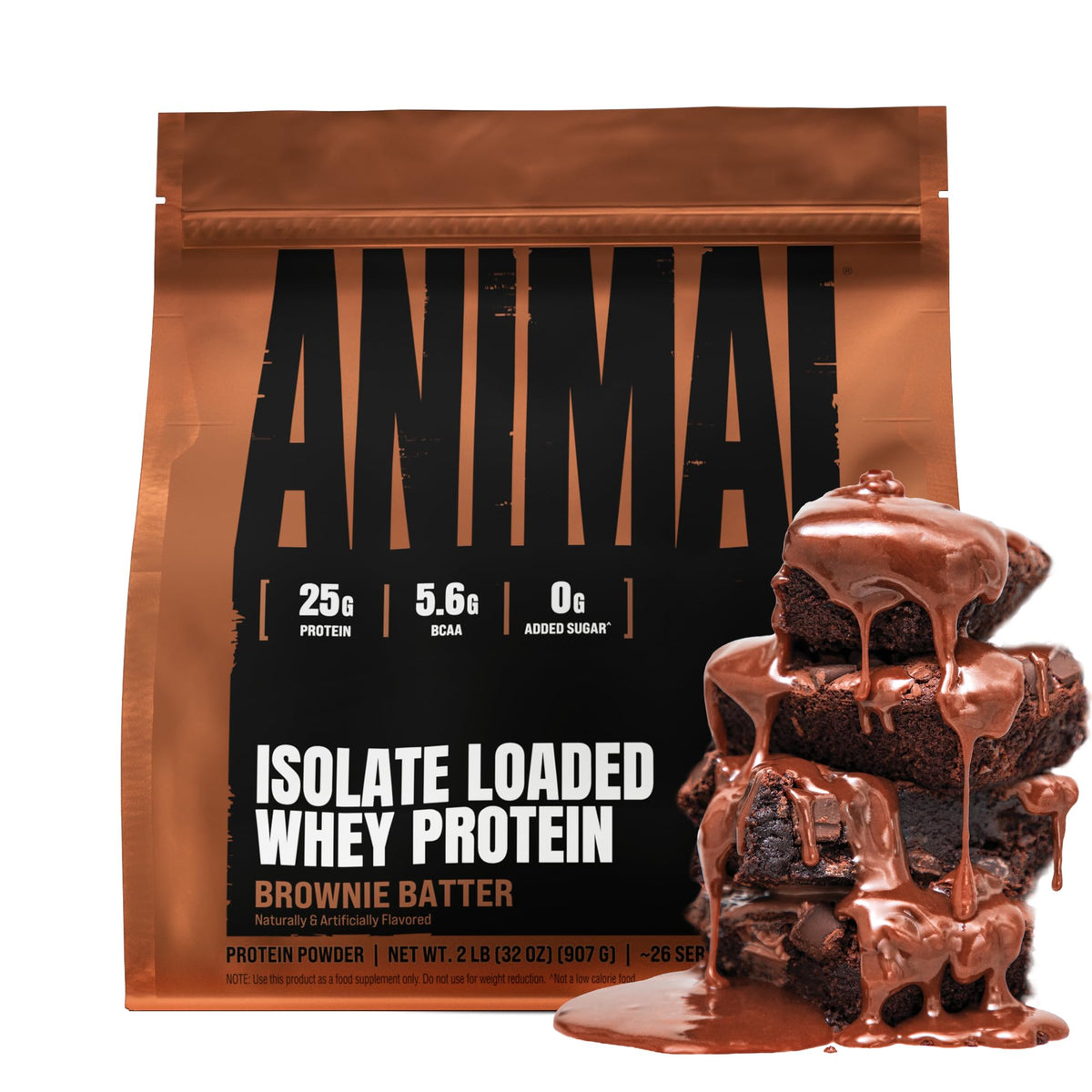 Animal Whey Isolate vista frontal del envase con sabor brownie y beneficio de proteína pura