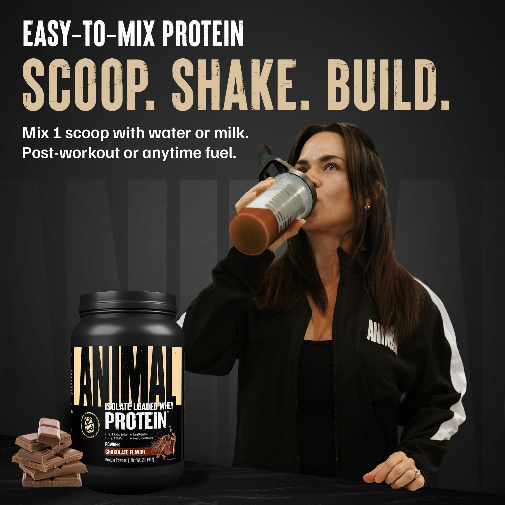 Animal Whey Isolate cazo medidor con 25 g de proteína por porción visible para control de macros