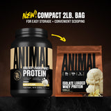 polvo de Animal whey isolate primer plano que muestra textura fina y mezcla fácil