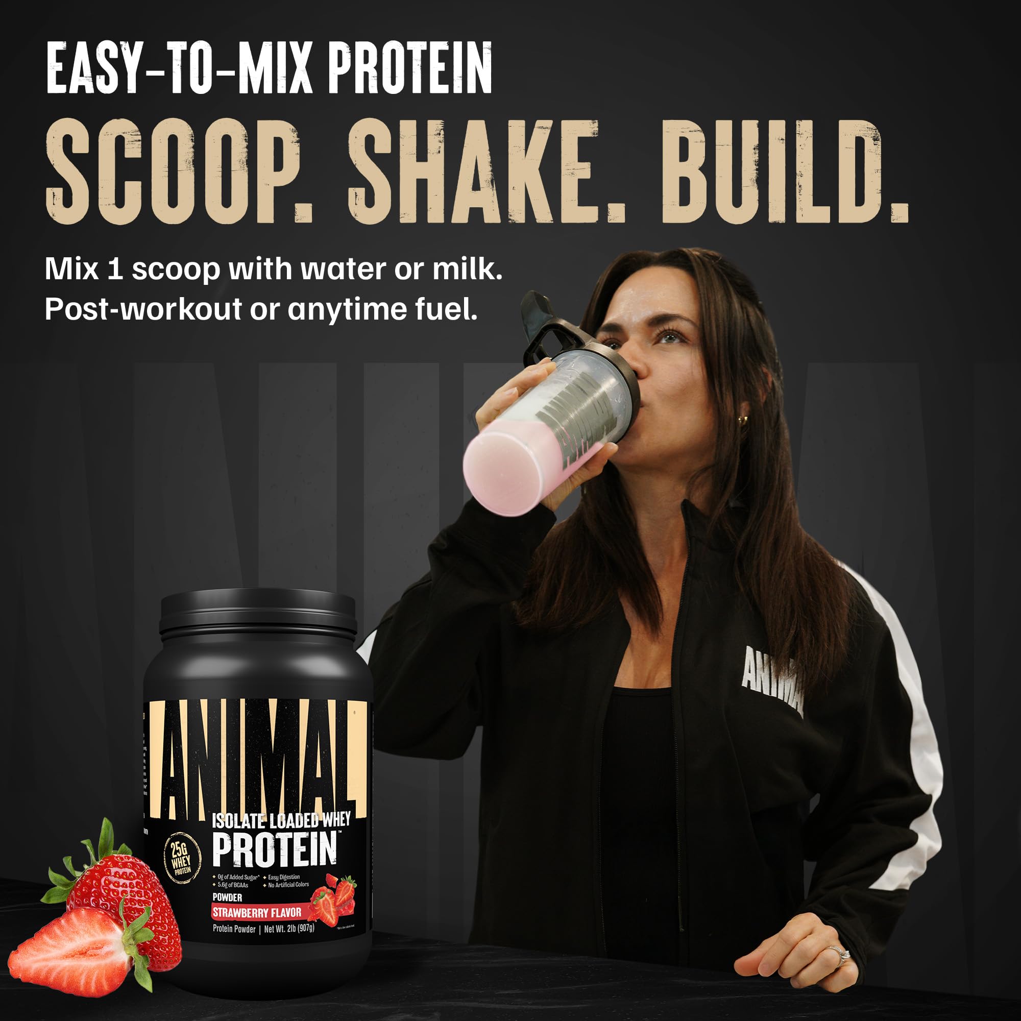 Animal Whey isolate cuchara medidora con polvo indicando 25 g proteína por servicio