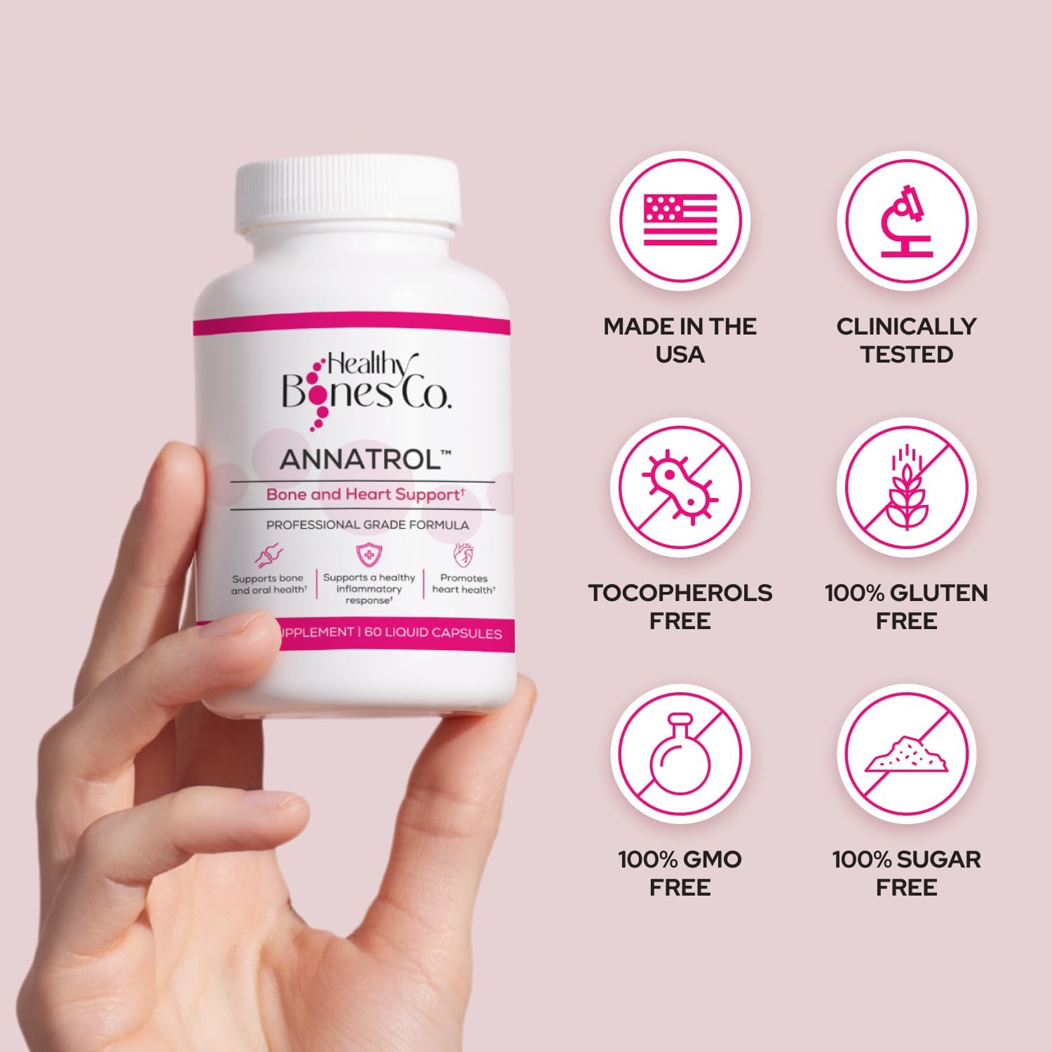 Healthy Bones Co. annatrol frasco junto a objeto para comparar tamaño y duración del producto