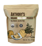 Anthony's paquete frontal de maca orgánica mostrando etiqueta y beneficio de digestión mejorada