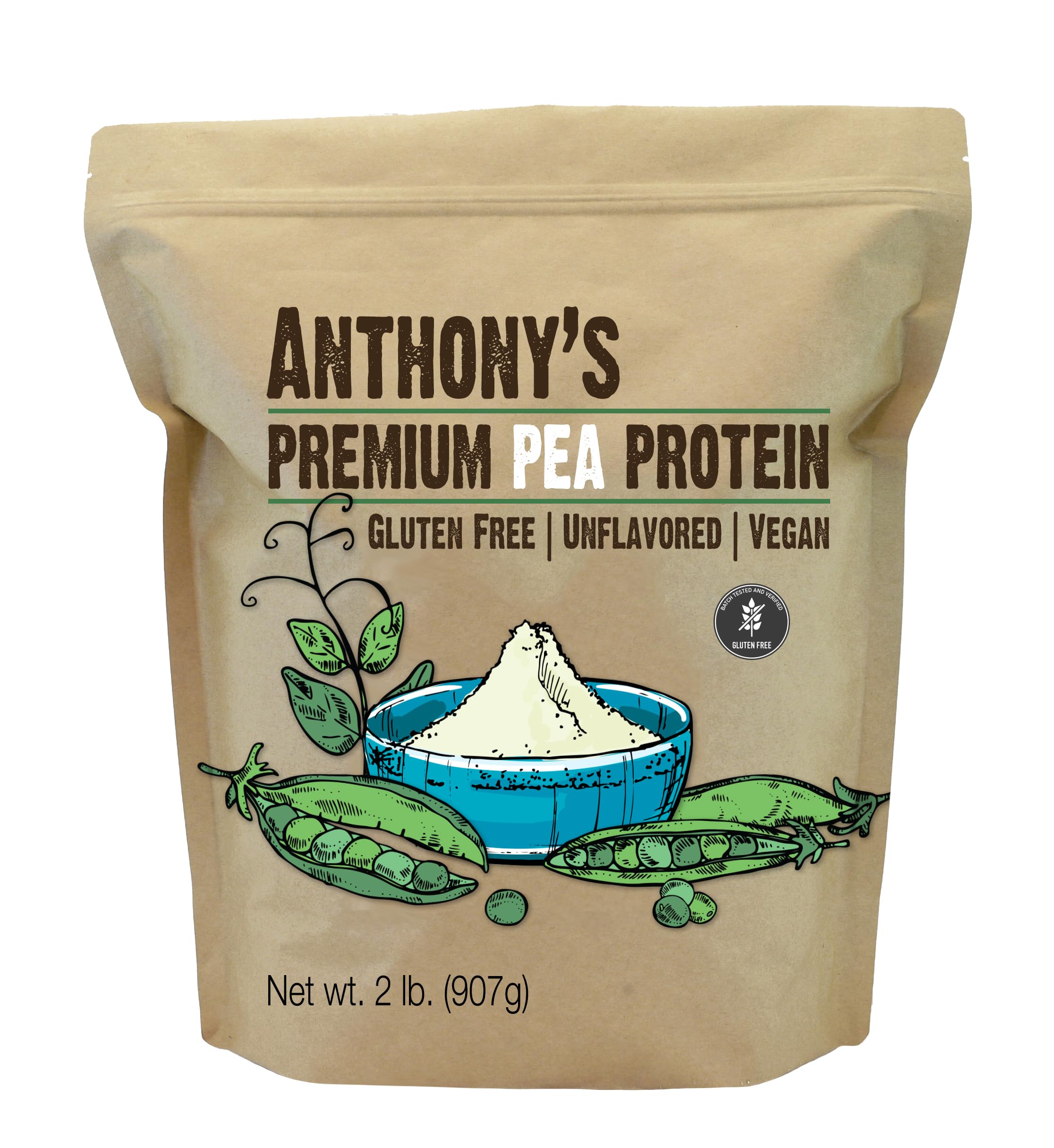 Anthony's envase frontal de proteína de guisante mostrando marca y tamaño 2 lb, fácil de almacenar