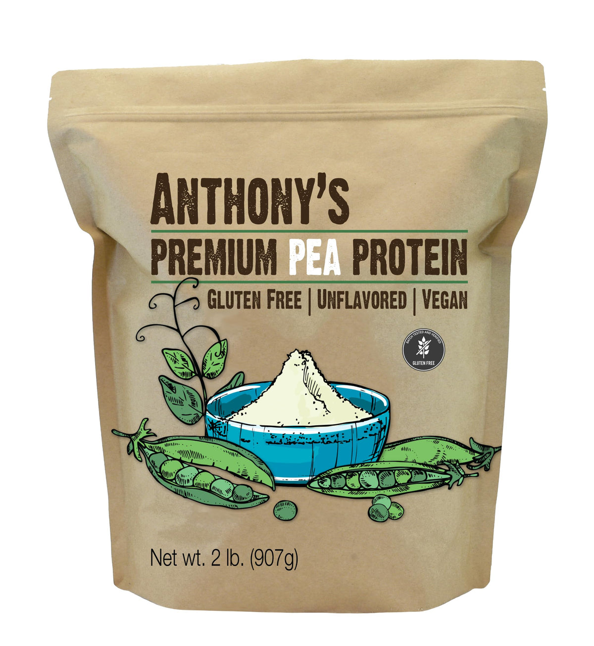Anthony's envase frontal de proteína de guisante mostrando marca y tamaño 2 lb, fácil de almacenar