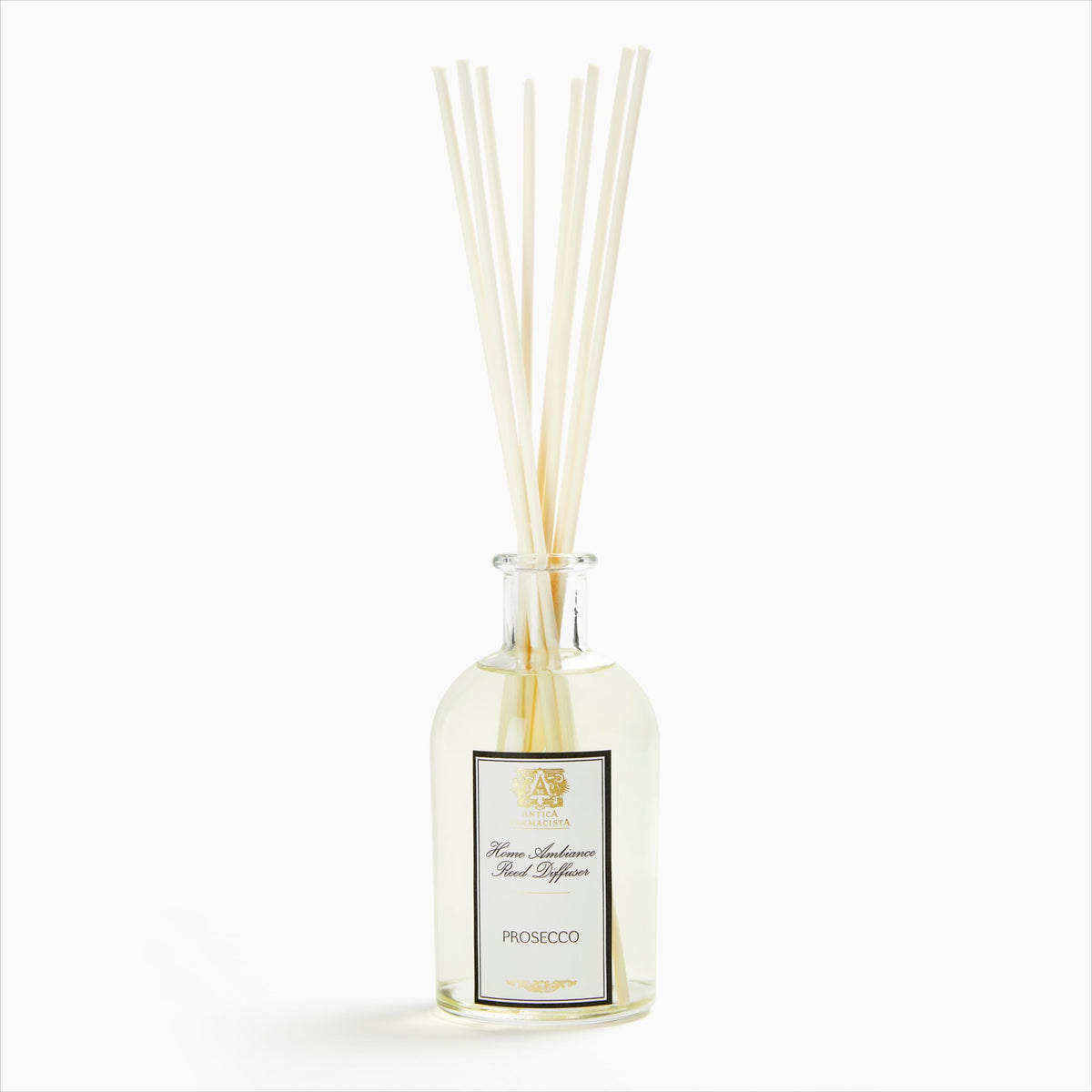 Antica Farmacista difusor Prosecco vista frontal y vidrio elegante, aporta estilo