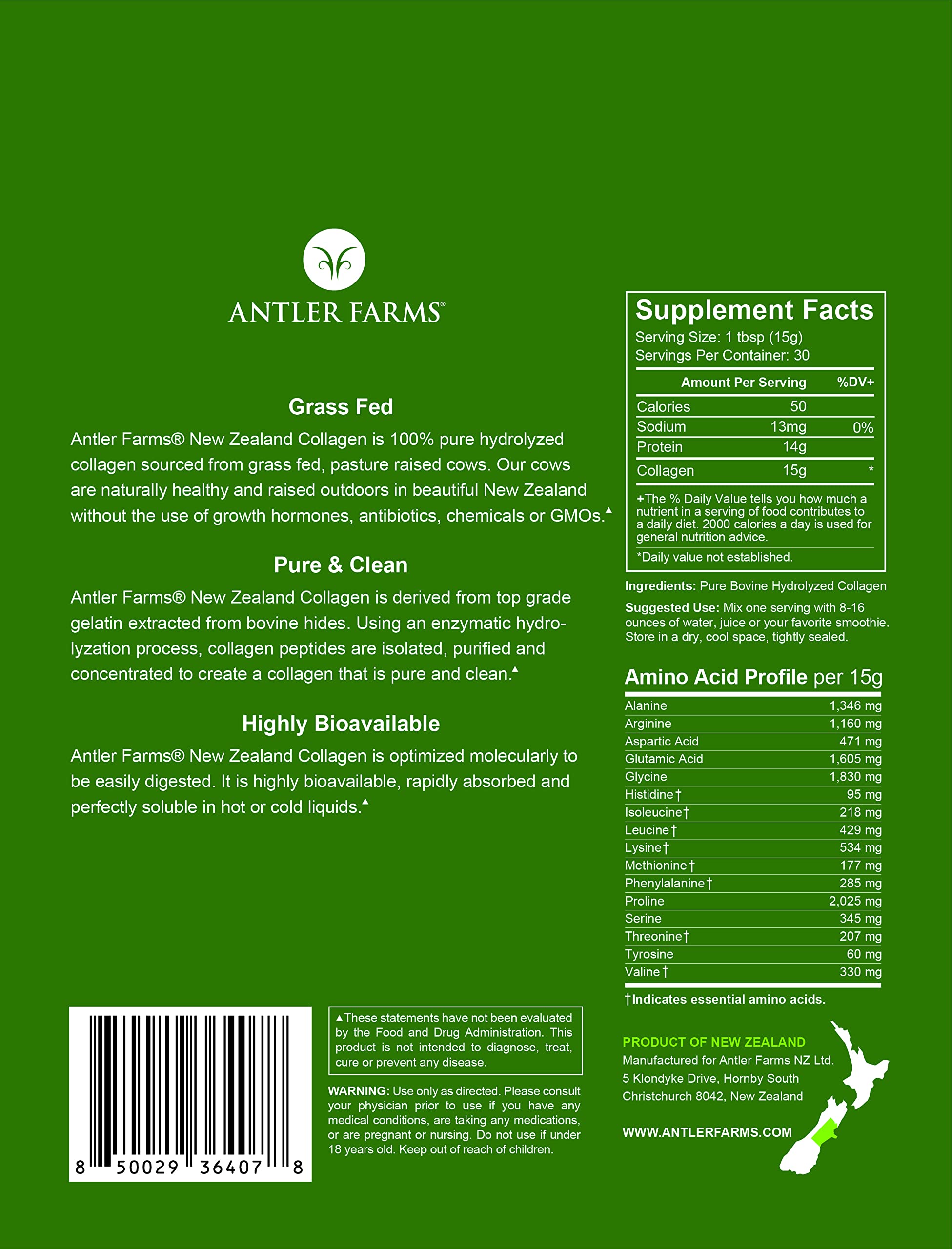 Antler Farms etiqueta con información nutricional y origen grass fed de Nueva Zelanda