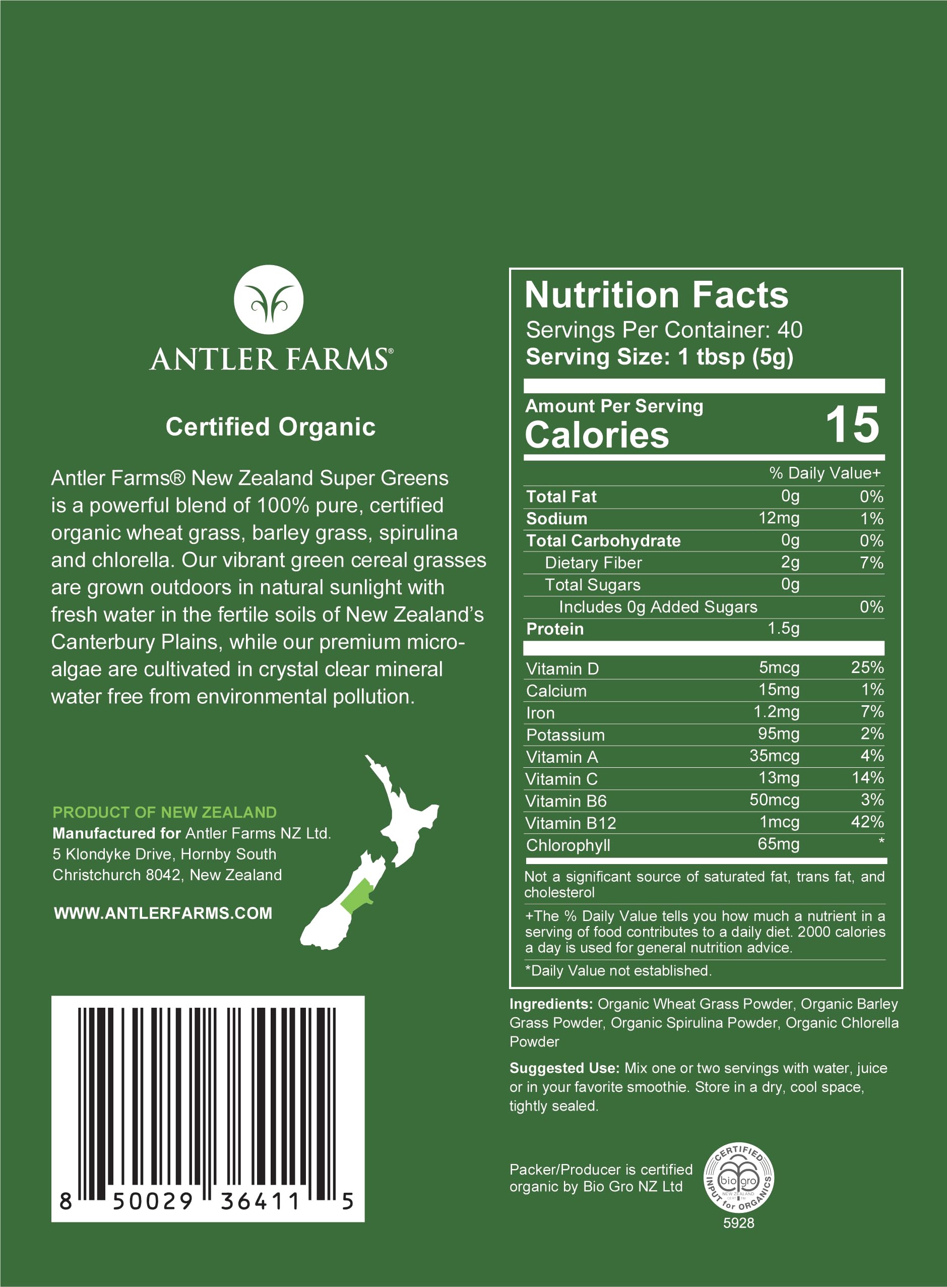 Antler Farms textura del polvo verde en primer plano, fácil de mezclar