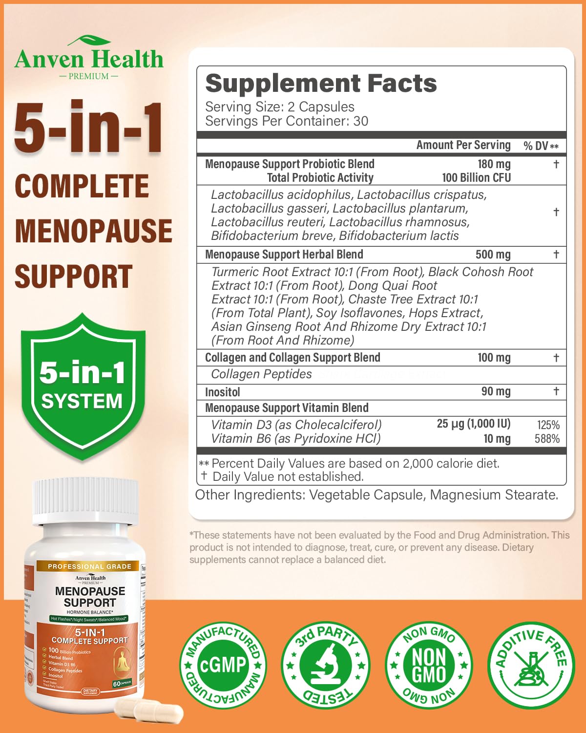 Anven Health etiqueta con lista de ingredientes clave y concentración