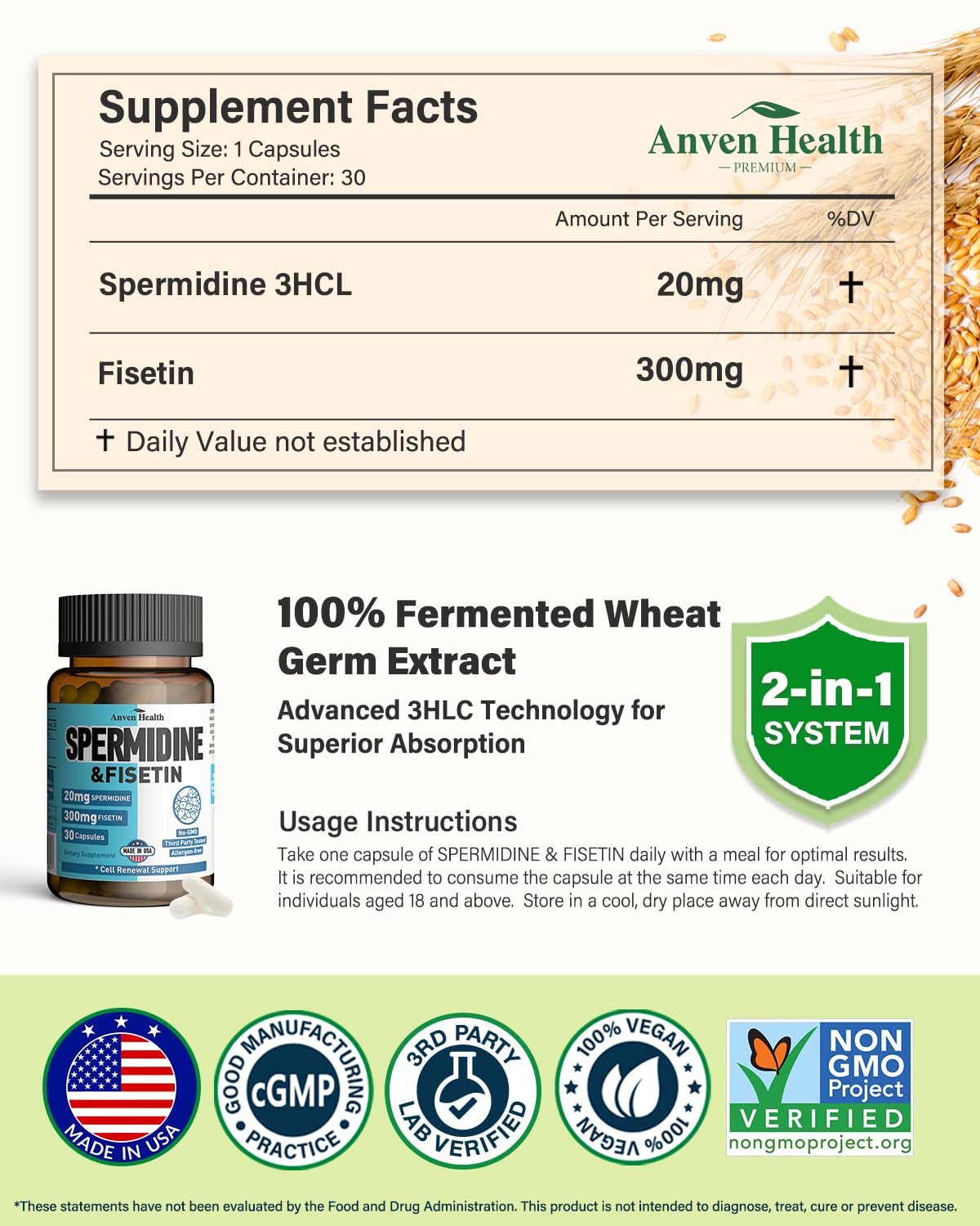 Anven Health detalle de la etiqueta indicando espermidina y fisetina