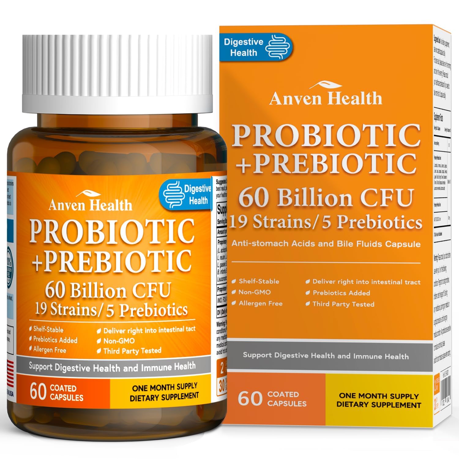 Anven Health frente del envase mostrando 60B CFU y 19 cepas, claridad informativa