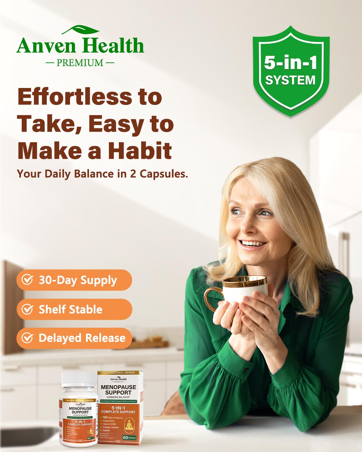 Anven Health suplemento en mano ilustrando facilidad de uso diario