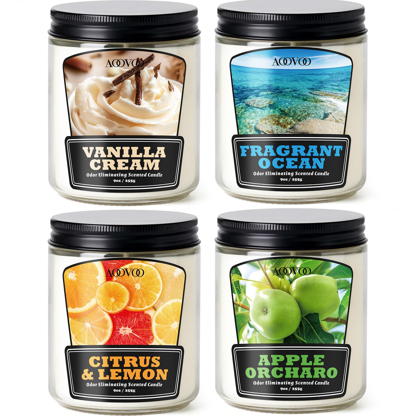 AOOVOO pack frontal mostrando cuatro velas, crea ambiente fresco