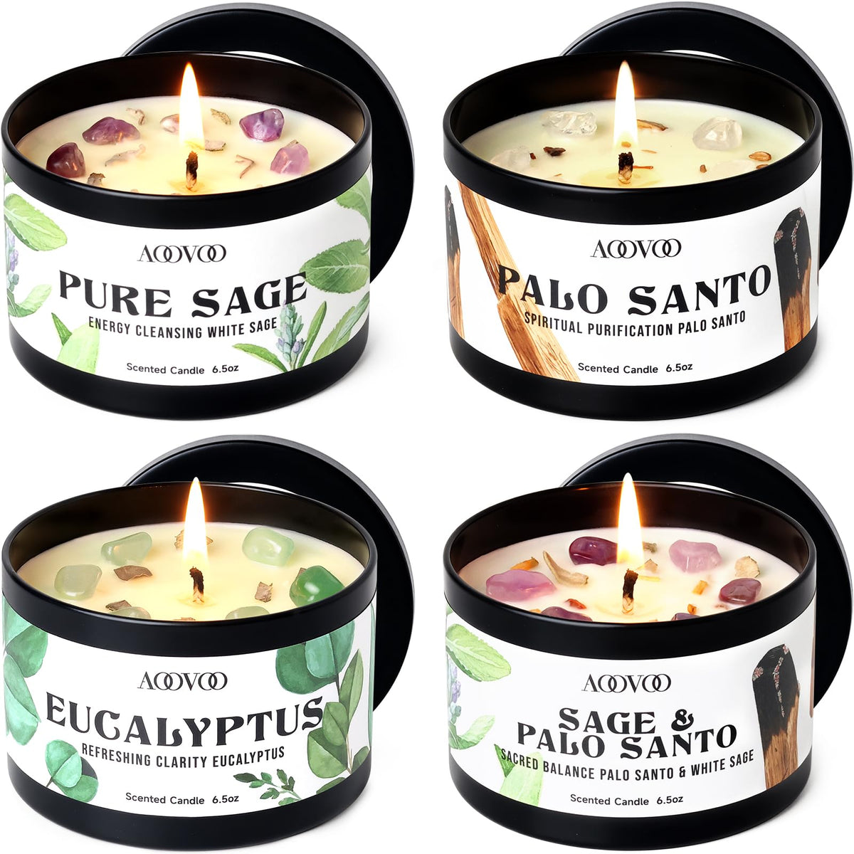 AOOVOO paquete frontal de 4 velas espirituales mostrando aromas y beneficio calmante