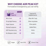 AOR Peak K2 primer plano de cápsula vegana subrayando formulación limpia