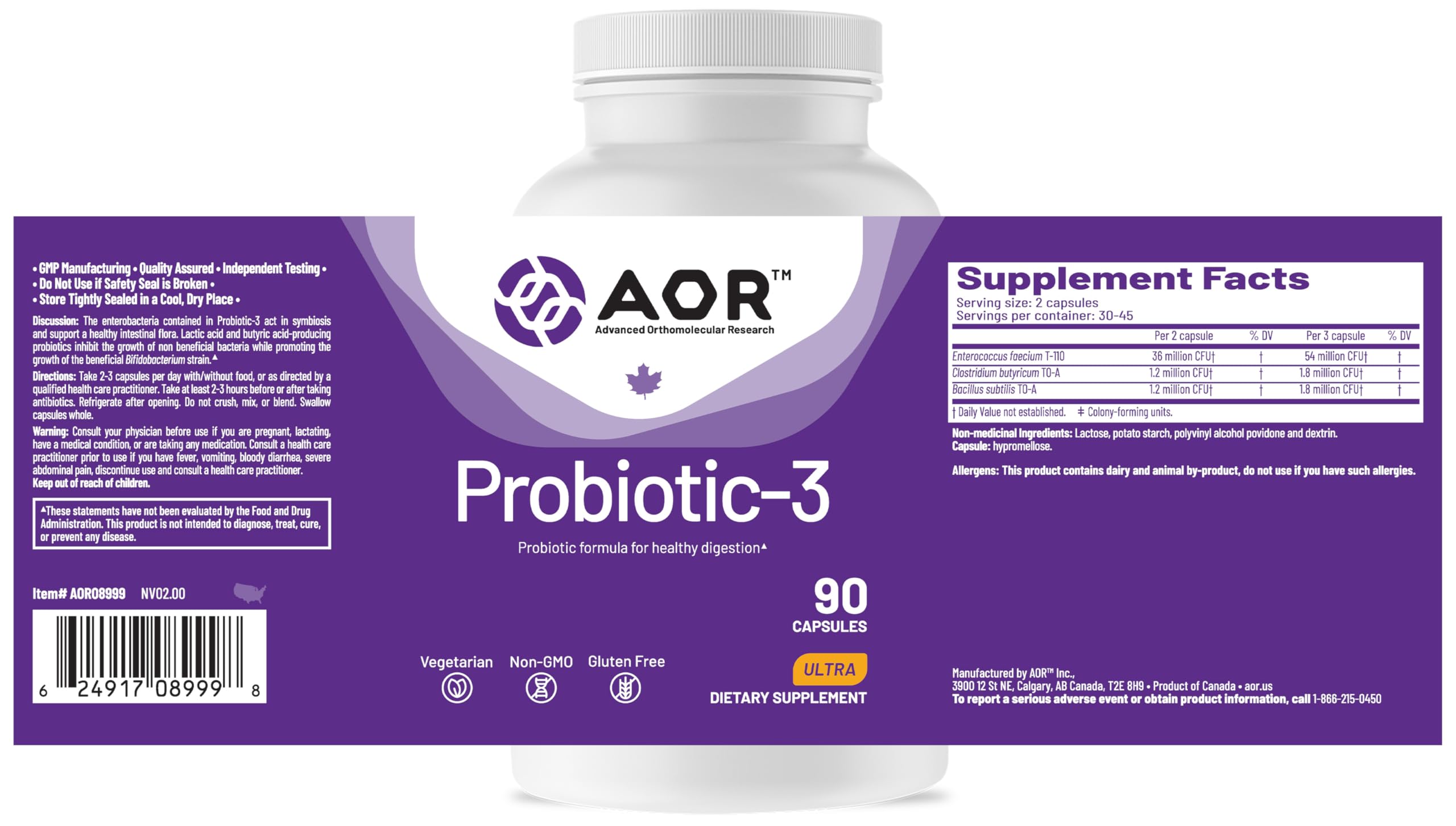 AOR Probiotic 3 envase mostrando sello sin gluten, beneficio: apto para dietas específicas