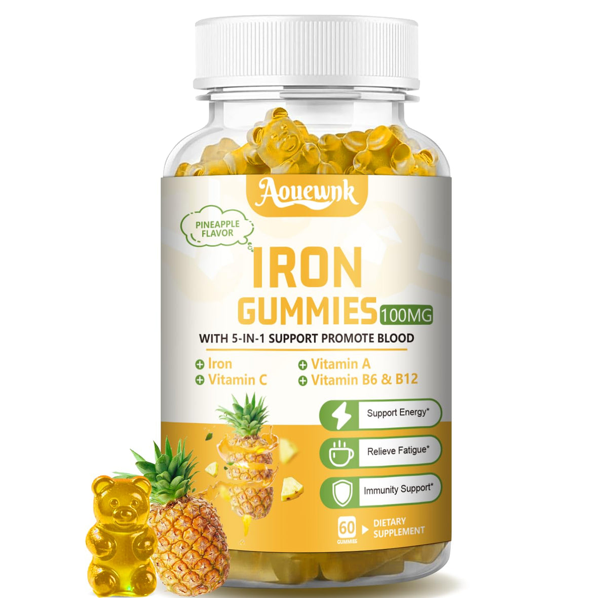 Aouewnk envase frontal mostrando 60 gominolas y beneficios claros