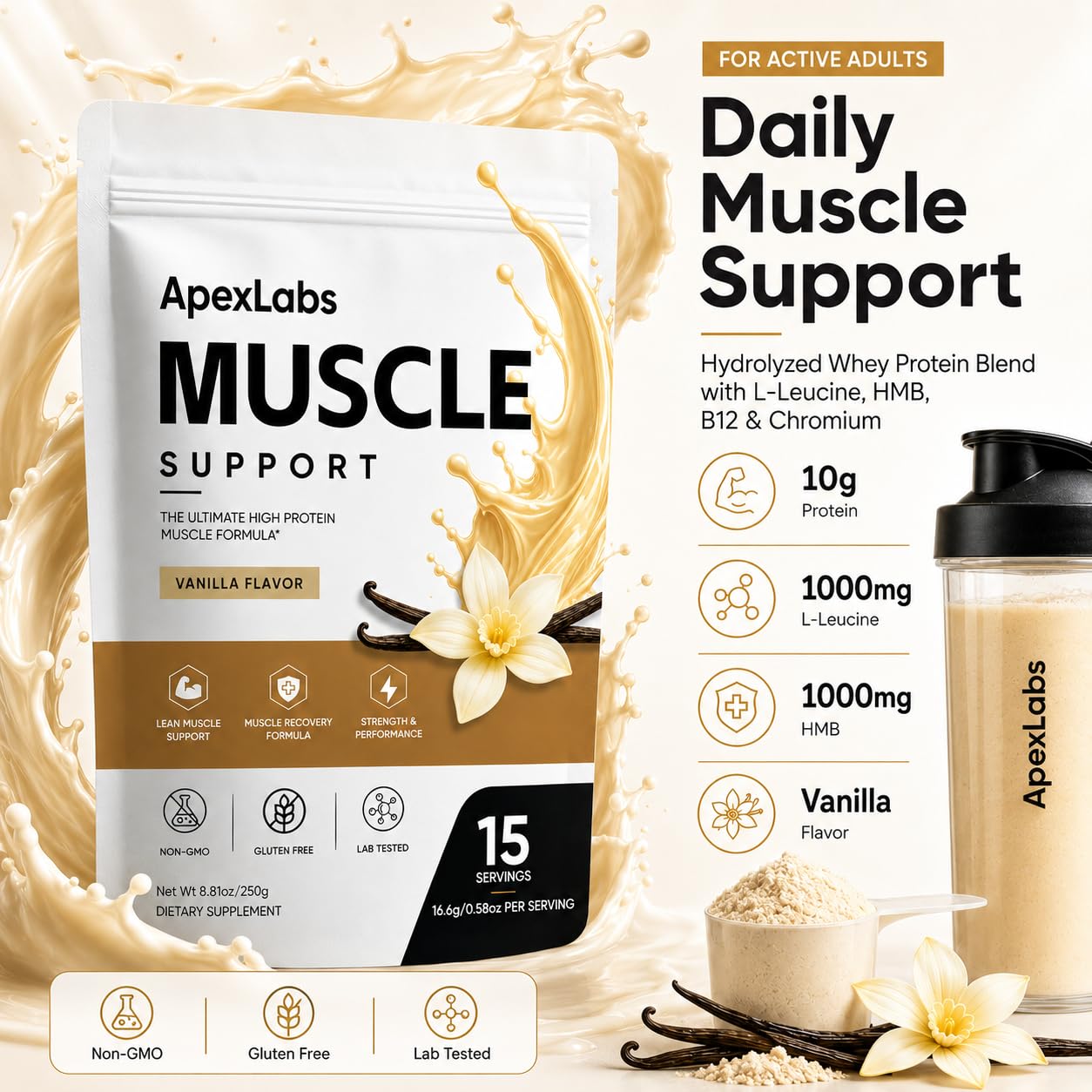 Apex Labs etiqueta con lista de ingredientes y beneficios clave legibles