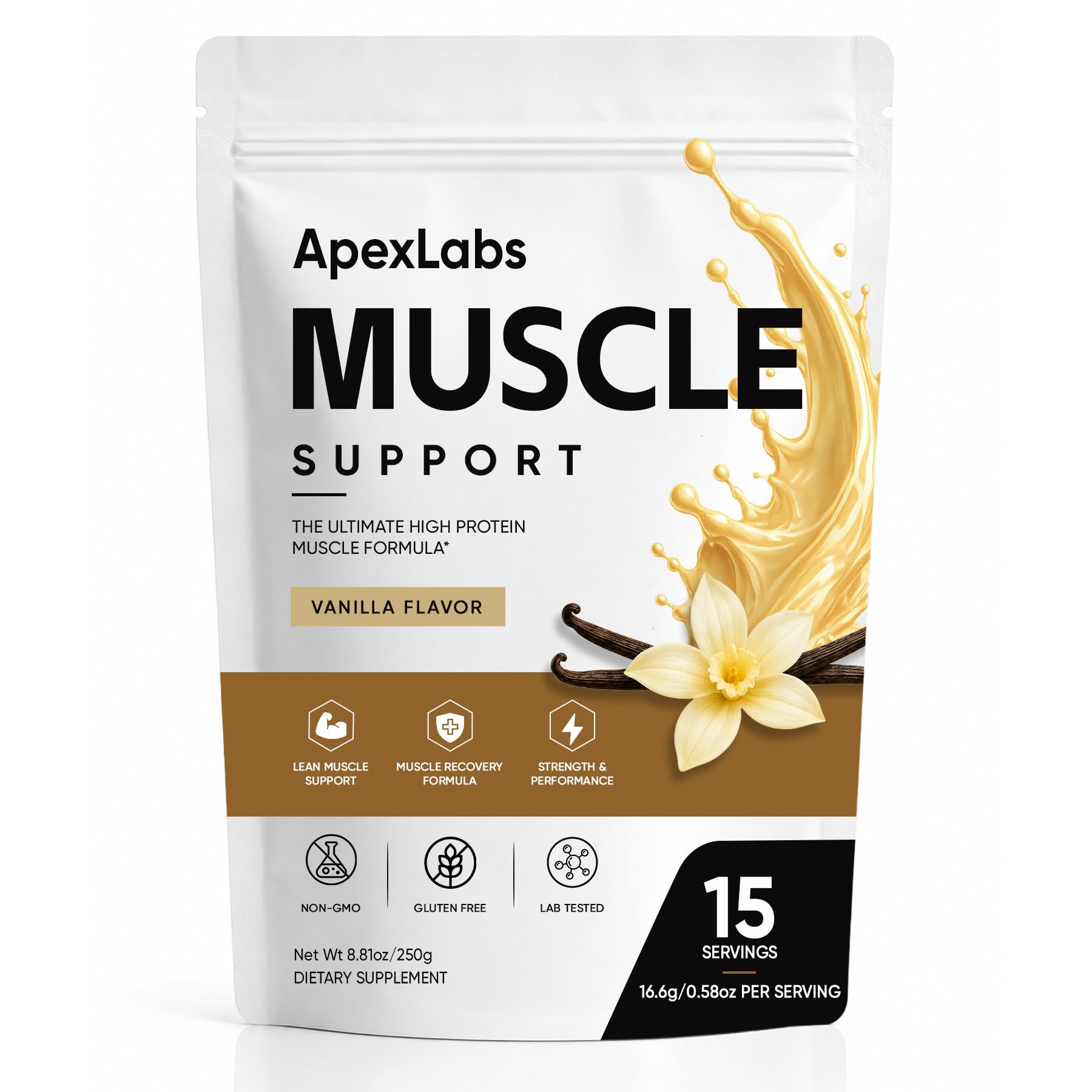 Apex Labs frente del envase mostrando sabor vainilla y cantidad 15 porciones