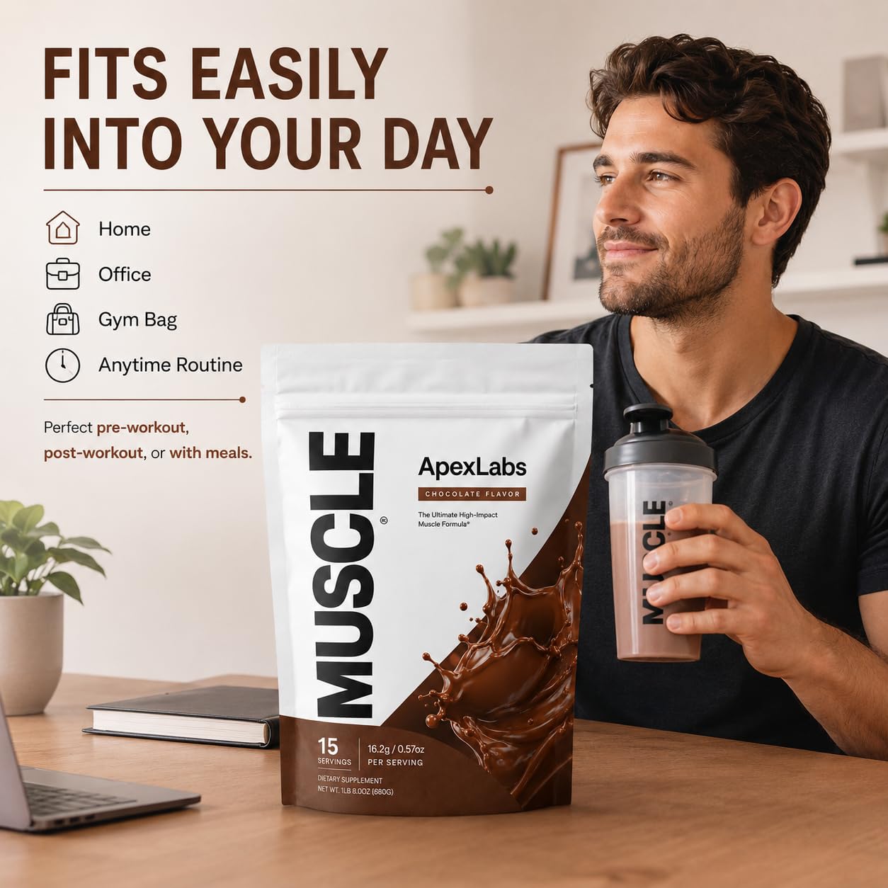 Apex Labs Muscle batido preparado en vaso, chocolate cremoso listo para consumir después de entrenar