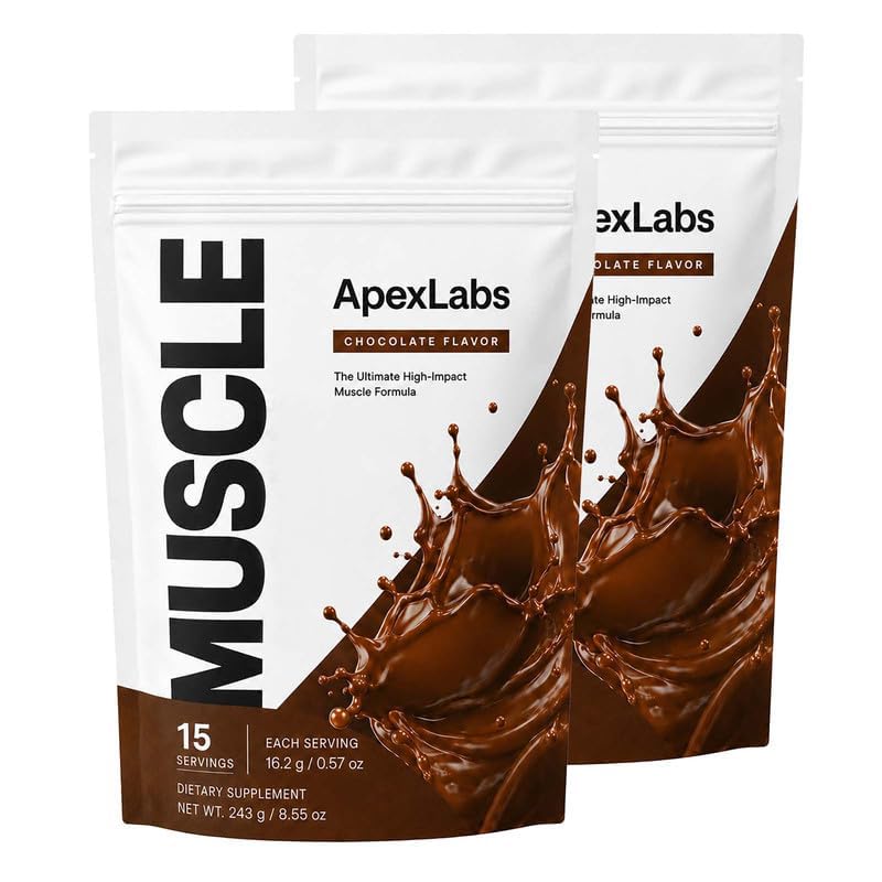 Apex Labs Muscle frente del envase mostrando la etiqueta y sabor chocolate, claridad de uso