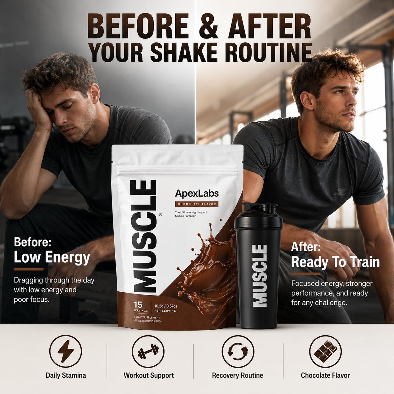 Apex Labs Muscle cucharada de producto mostrando la porción y facilidad de dosificación
