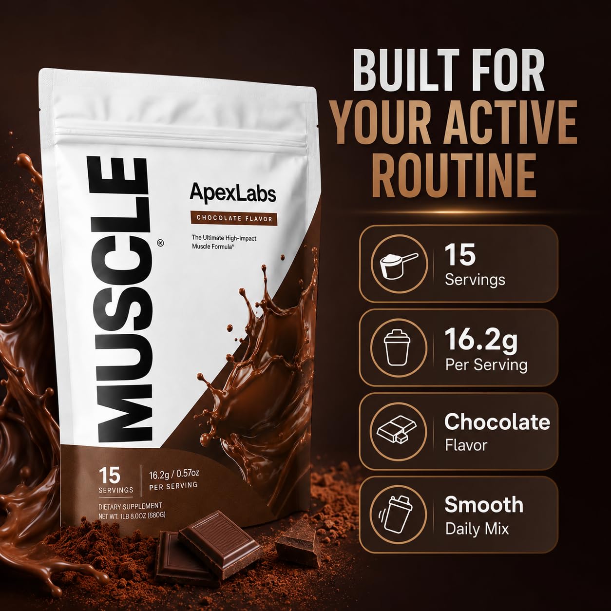 Apex Labs Muscle comparativo de tamaño con un vaso para escala, práctico y portátil