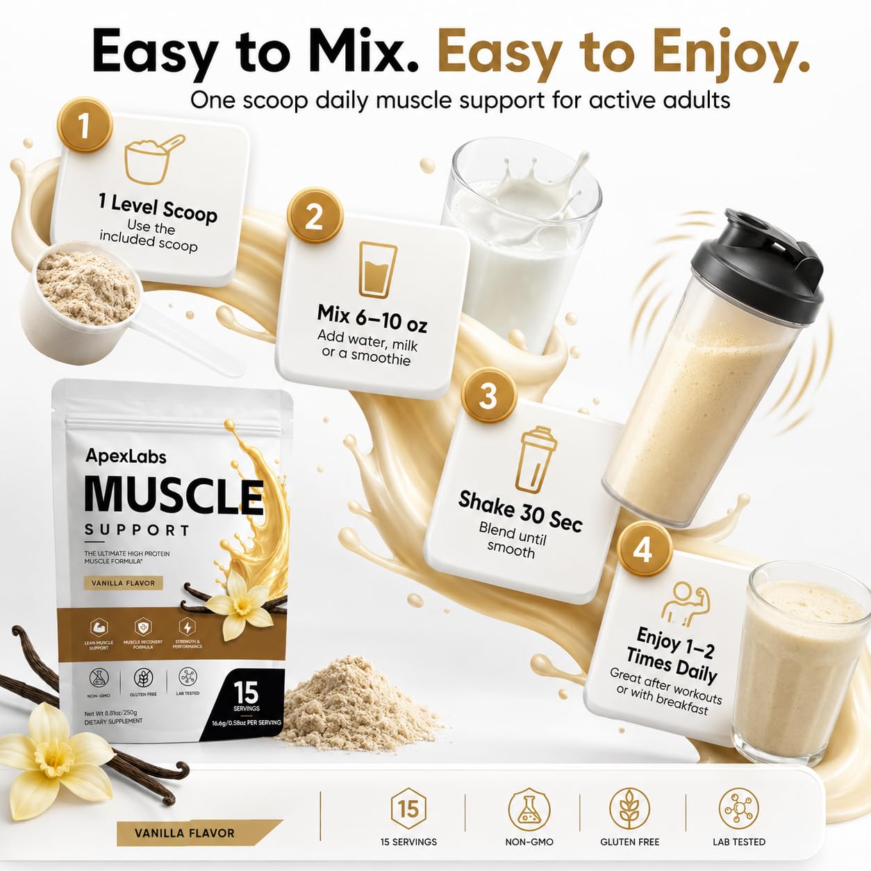 Apex Labs envase sostenido en mano para visualizar tamaño y 8.81 oz reales
