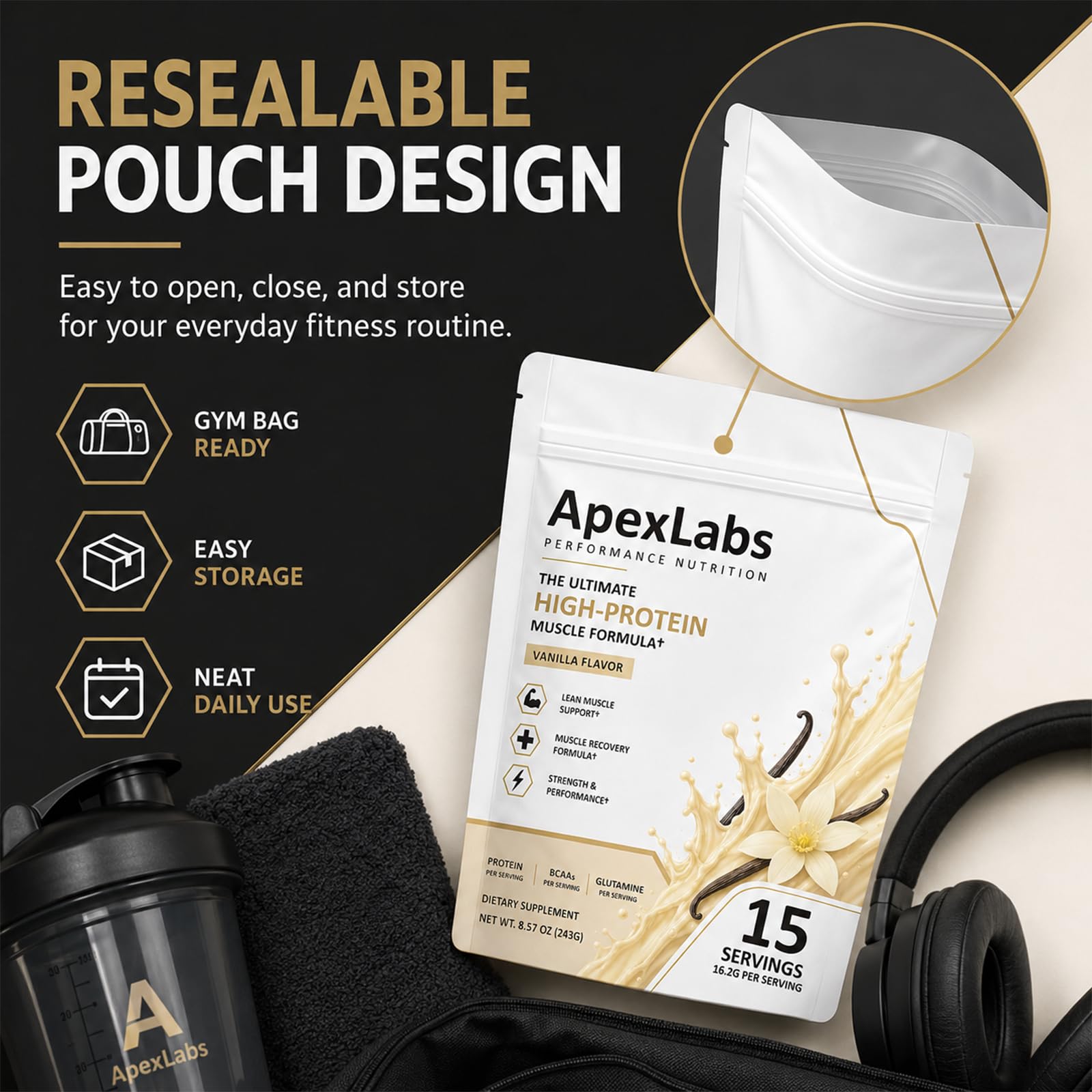 Apex Labs Muscle cierre y etiqueta con instrucciones claras de uso