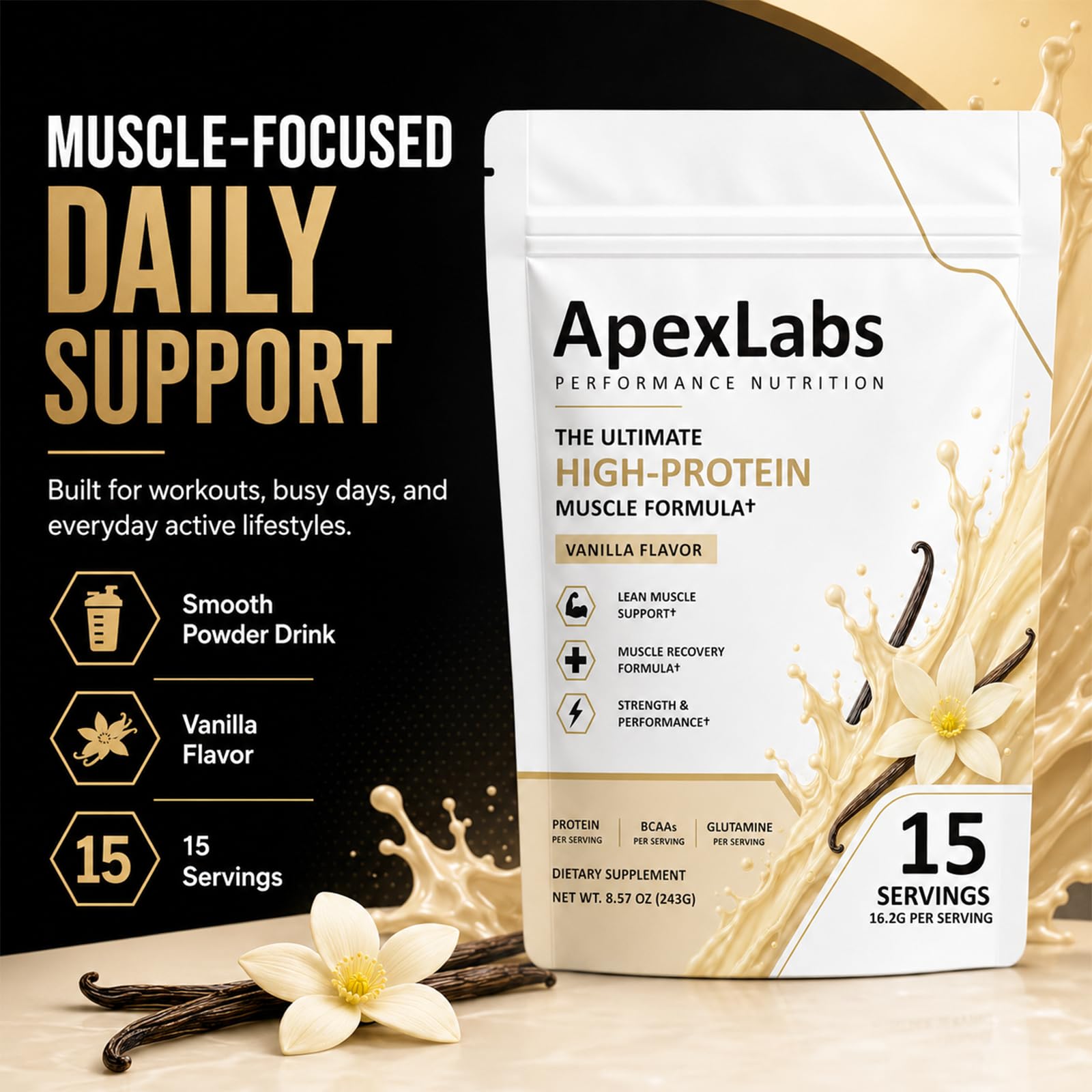 Apex Labs Muscle polvo vainilla textura fina disolución rápida