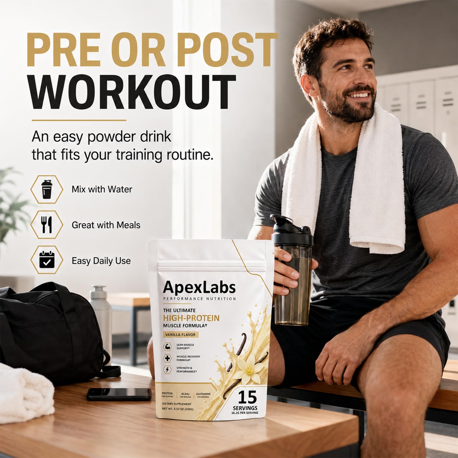 Apex Labs Muscle uso en gimnasio apoyo práctico antes del entrenamiento