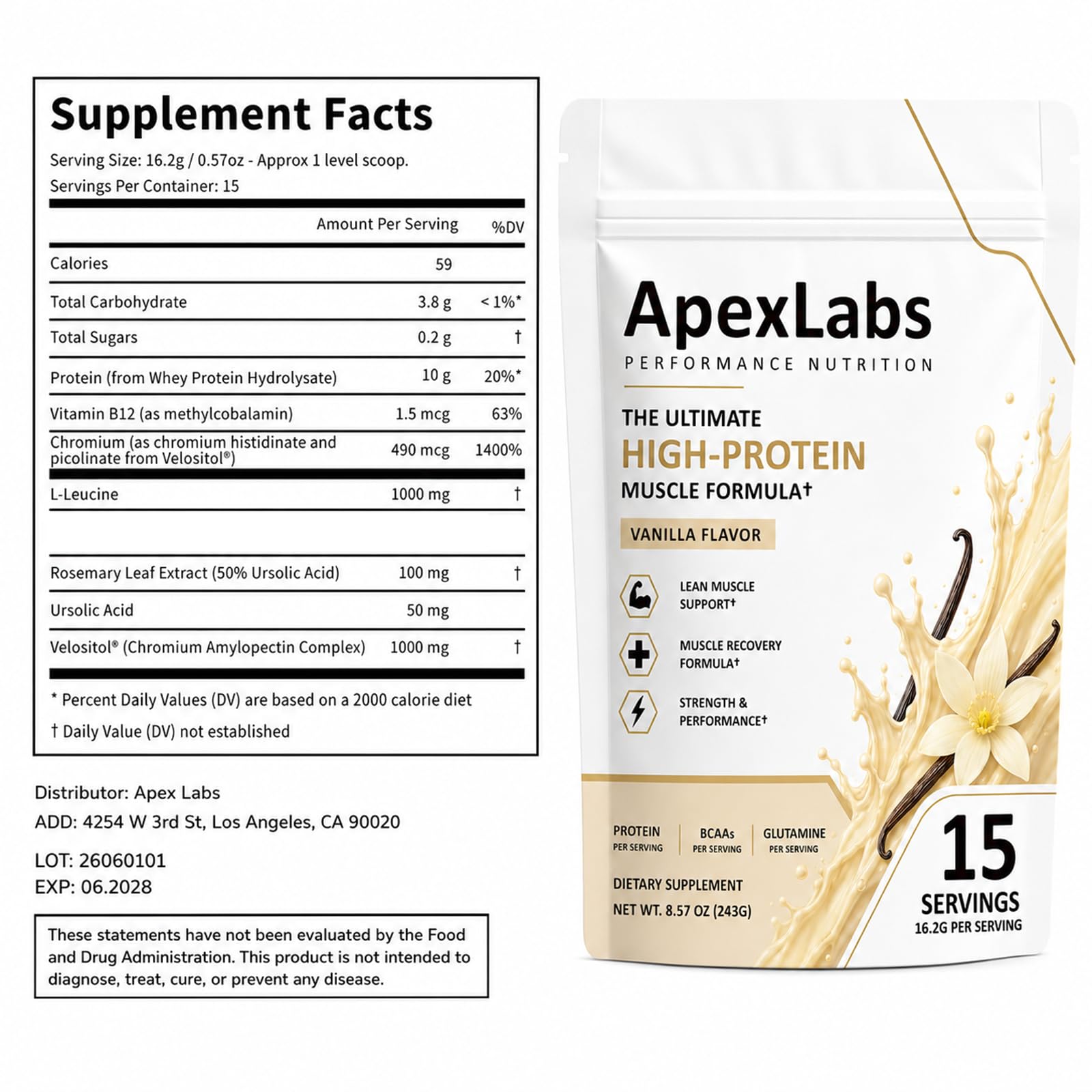 Apex Labs Muscle vaso con mezcla lista mostrando sabor vainilla