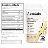Apex Labs Muscle vaso con mezcla lista mostrando sabor vainilla