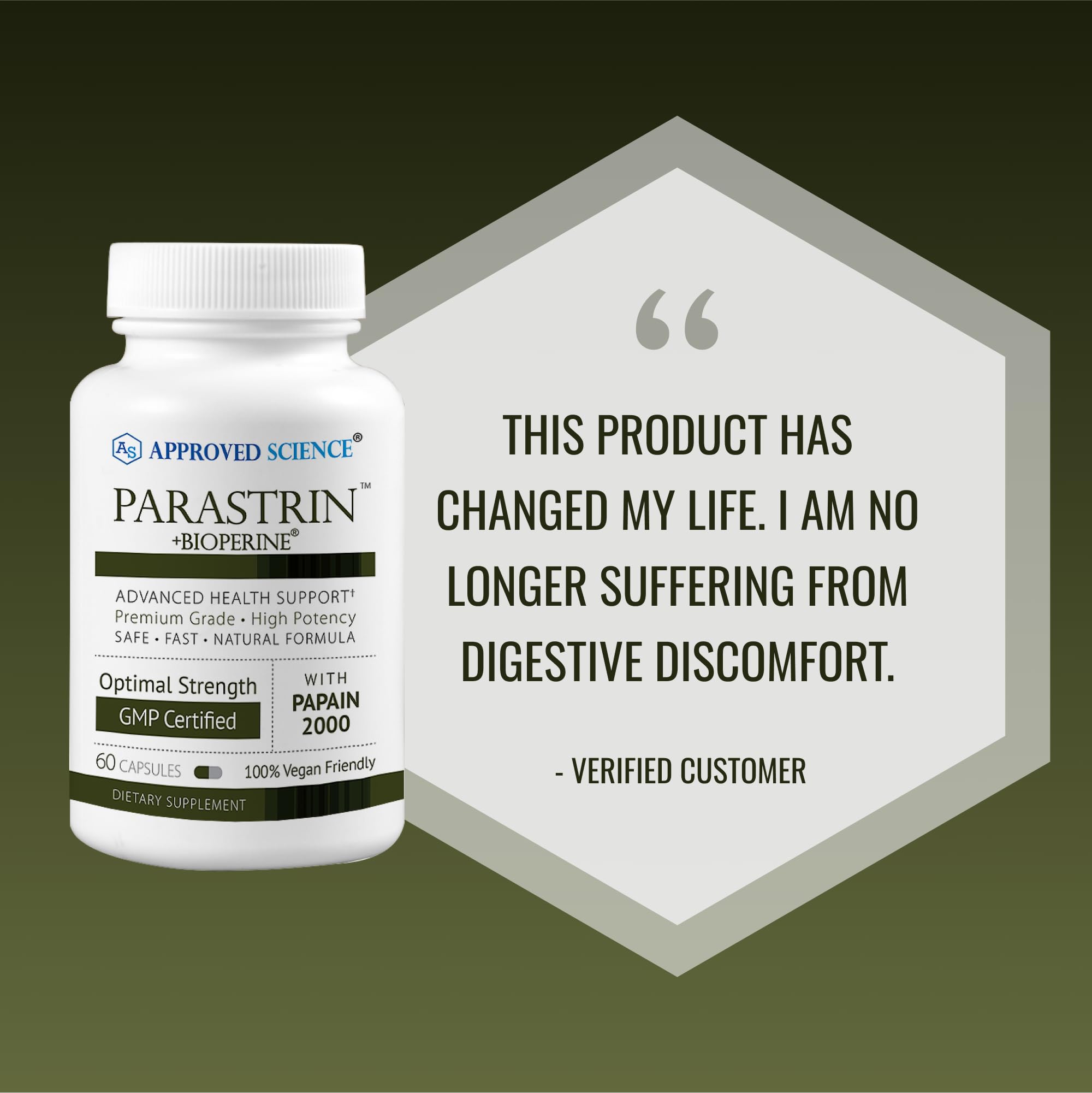Approved Science Parastrin envase junto a regla para comparar tamaño
