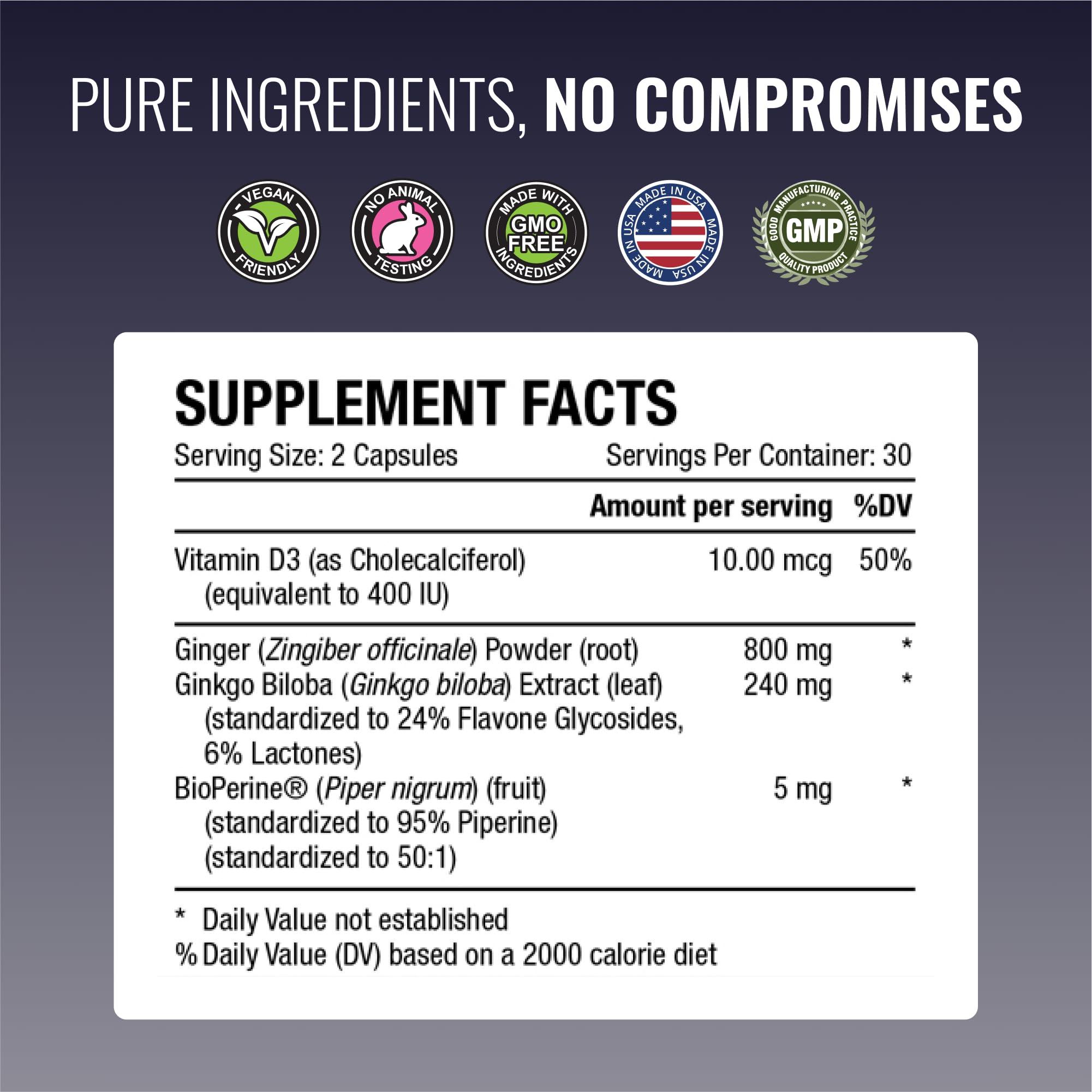 Approved Science VertiSyl etiqueta de ingredientes resaltando Ginkgo, D3 y BioPerine