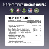 Approved Science VertiSyl etiqueta de ingredientes resaltando Ginkgo, D3 y BioPerine