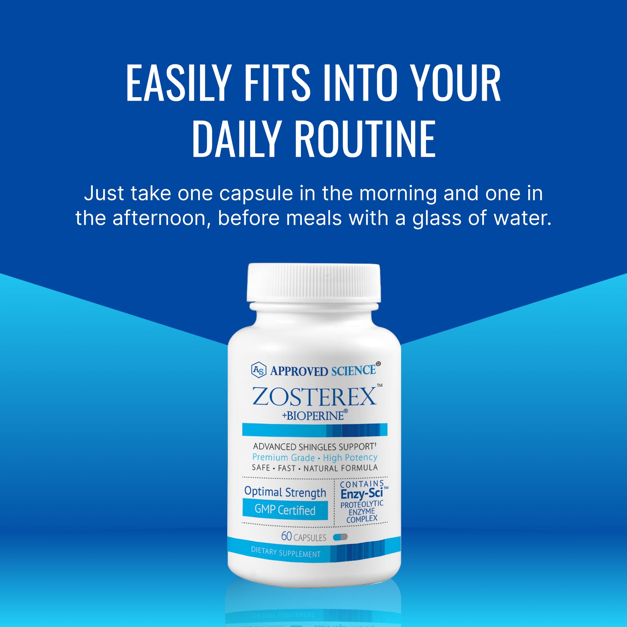 Approved Science Zosterex en una rutina diaria junto a agua y libreta de salud