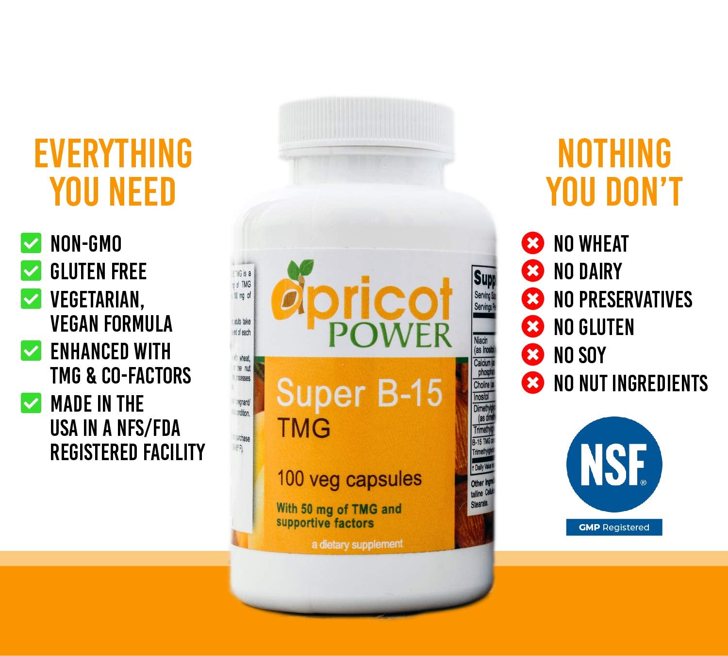 Apricot Power etiqueta con lista de ingredientes y 50 mg de TMG por cápsula