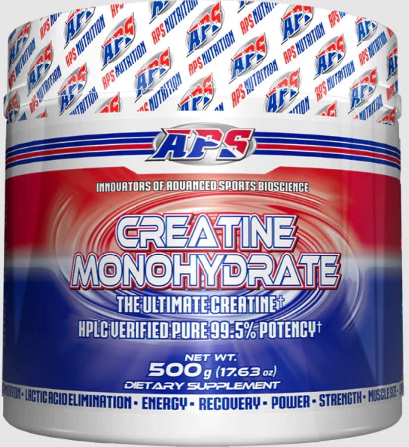APS Creatine paquete 500 g junto a cuchara medidora, Creapure tamaño y dosis clara