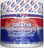 APS Creatine paquete 500 g junto a cuchara medidora, Creapure tamaño y dosis clara