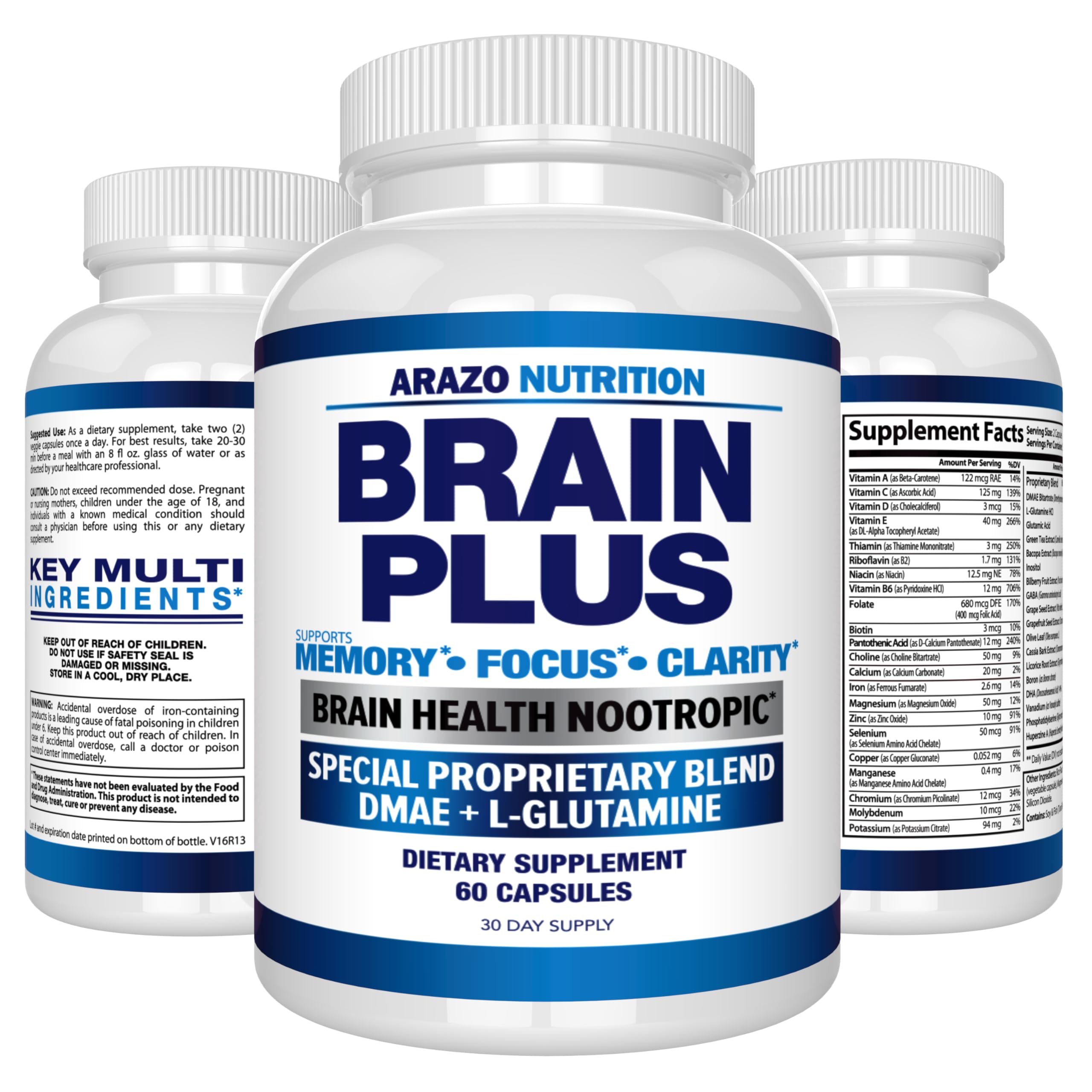 Arazo Nutrition Brain Plus junto a una mano para comparar tamaño, ilustra la conveniencia de la dosis