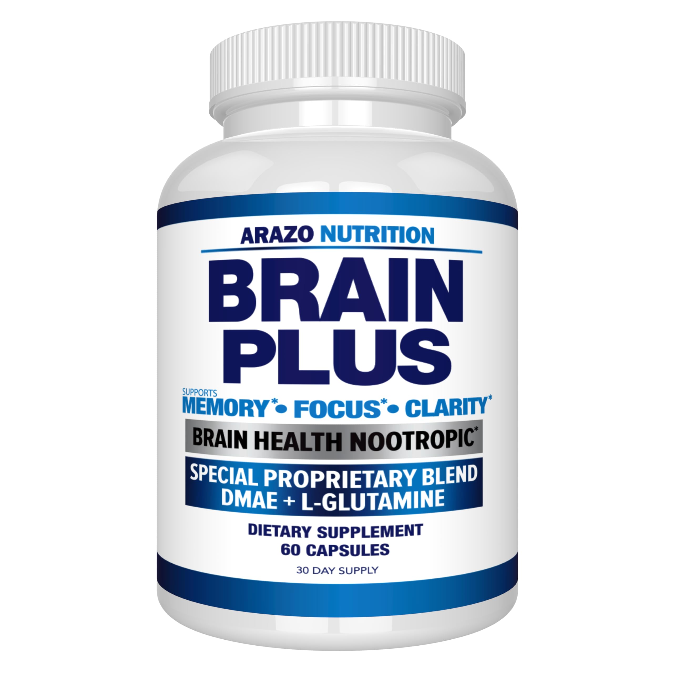 Arazo Nutrition Brain Plus vista frontal del frasco, transmite confianza y practicidad