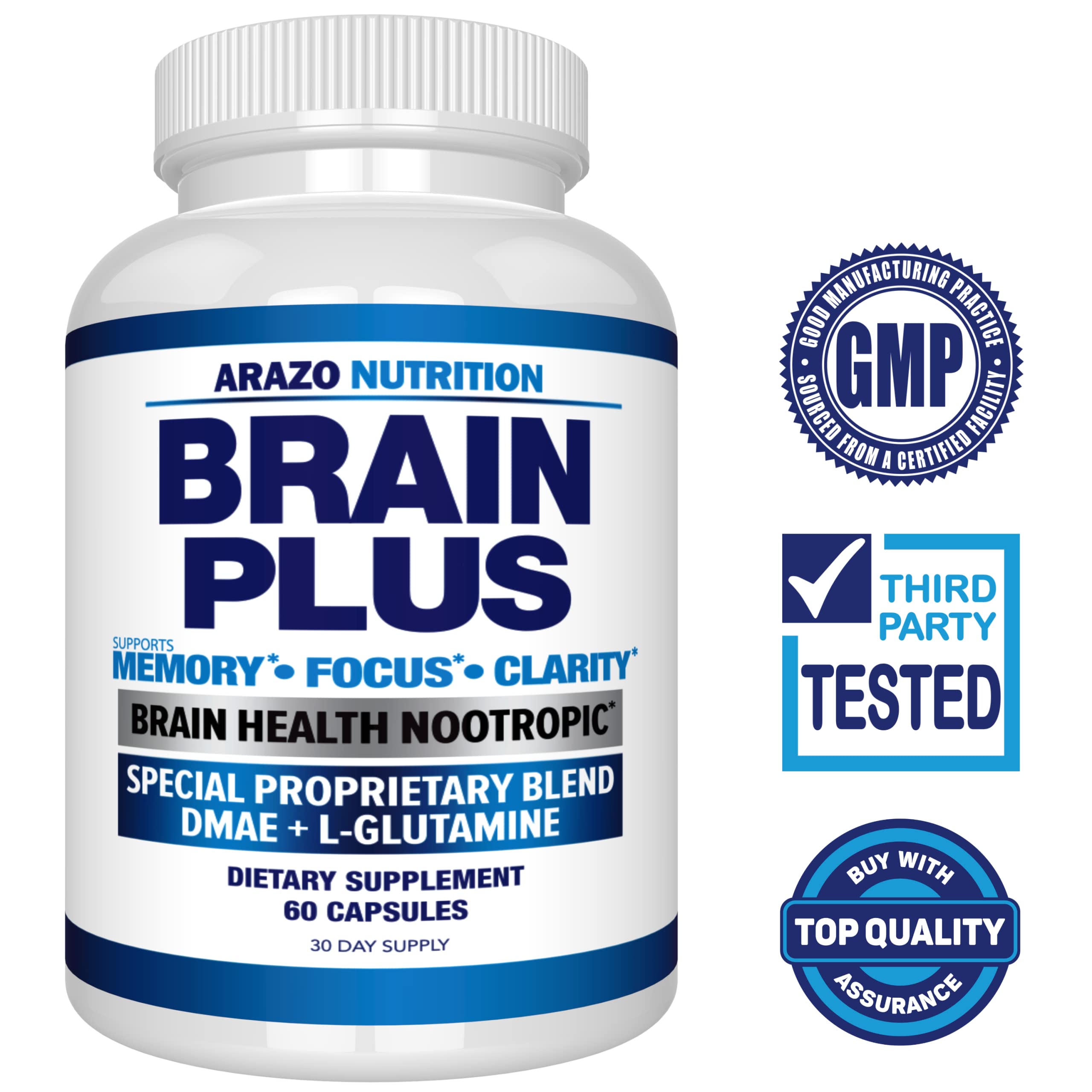 Arazo Nutrition Brain Plus tapa abierta y etiqueta legible, muestra información clara del suplemento