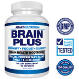 Arazo Nutrition Brain Plus tapa abierta y etiqueta legible, muestra información clara del suplemento