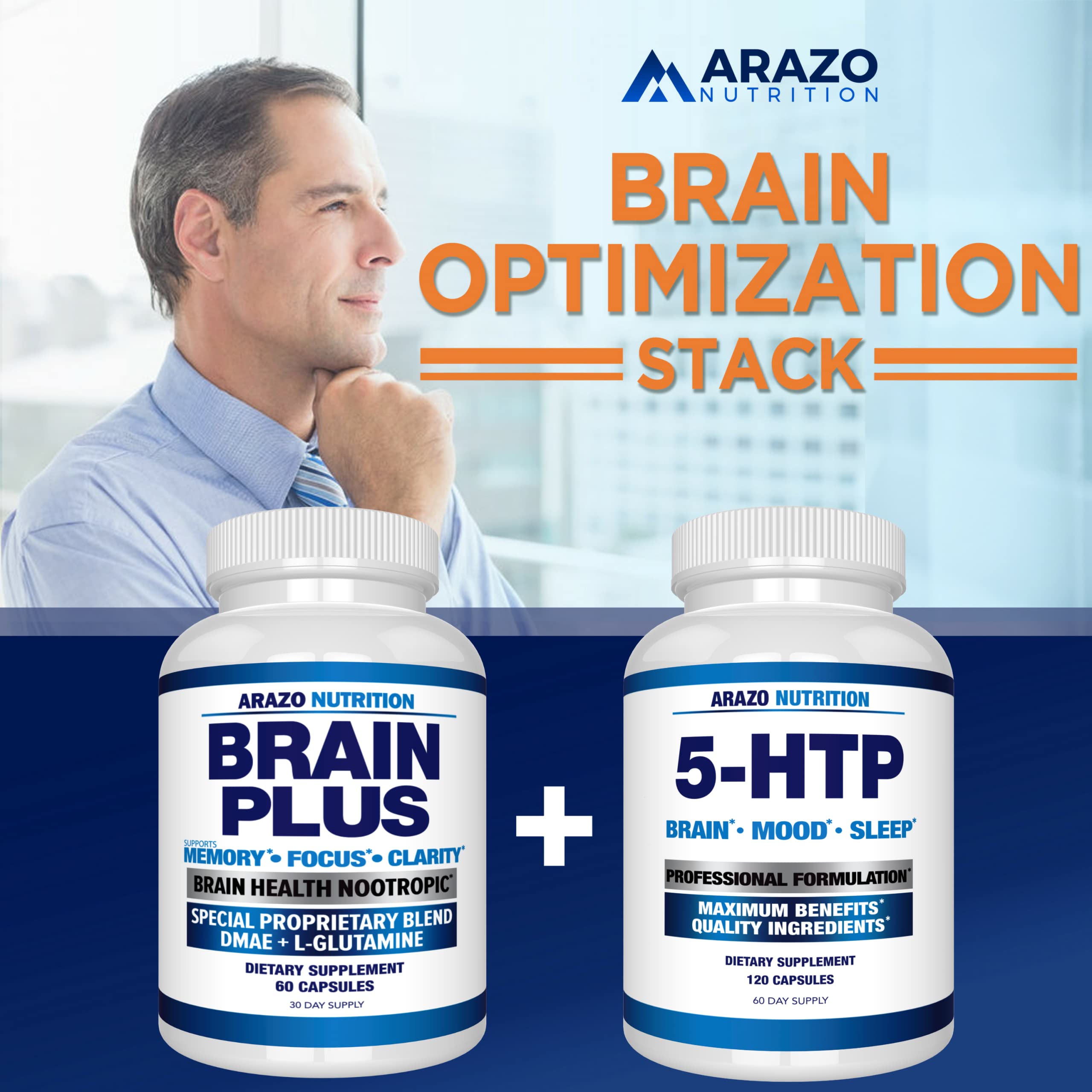 Arazo Nutrition Brain Plus junto a laptop y cuaderno, sugiere enfoque durante el trabajo