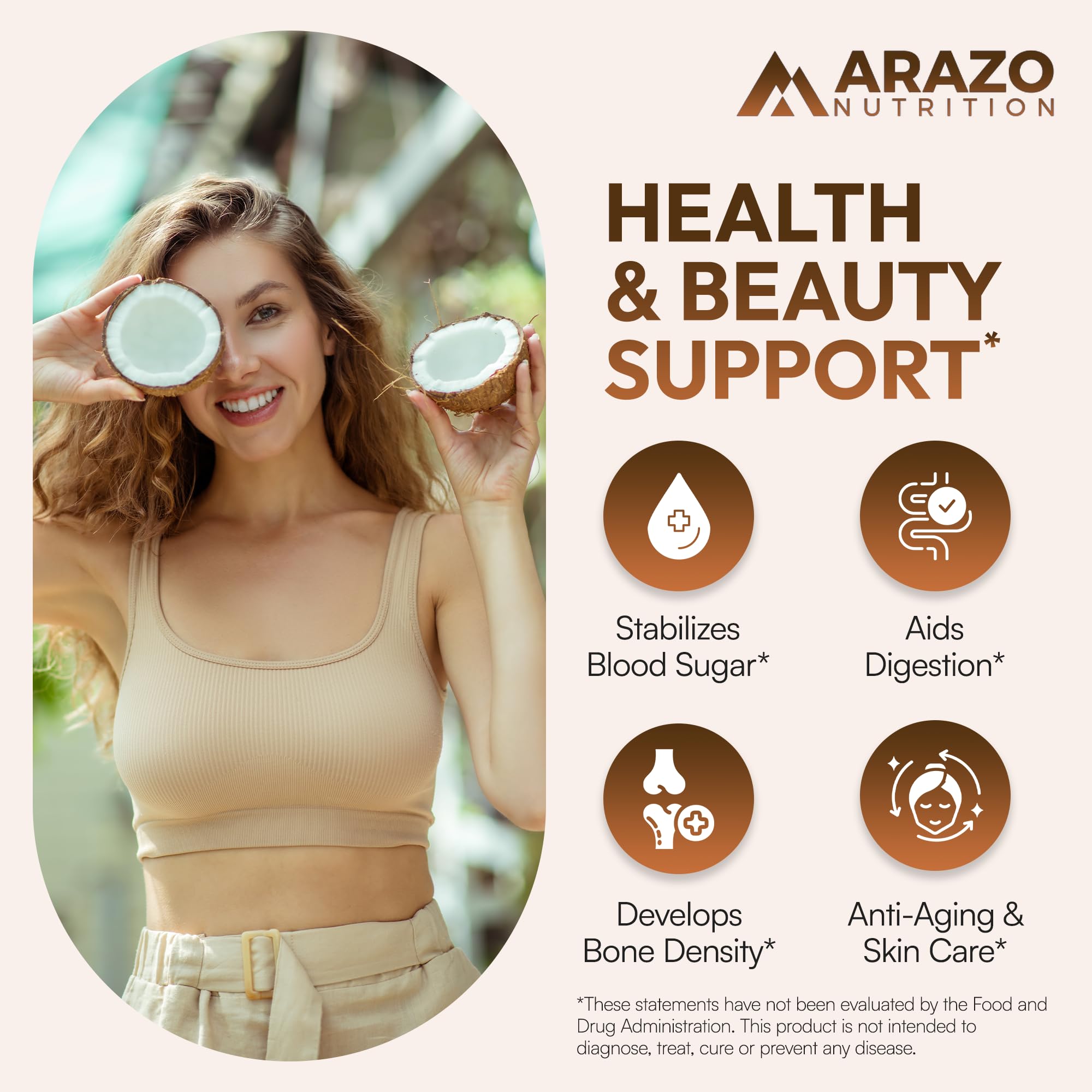 Arazo Nutrition aceite de coco en textura líquida ilustra origen prensado en frío y pureza