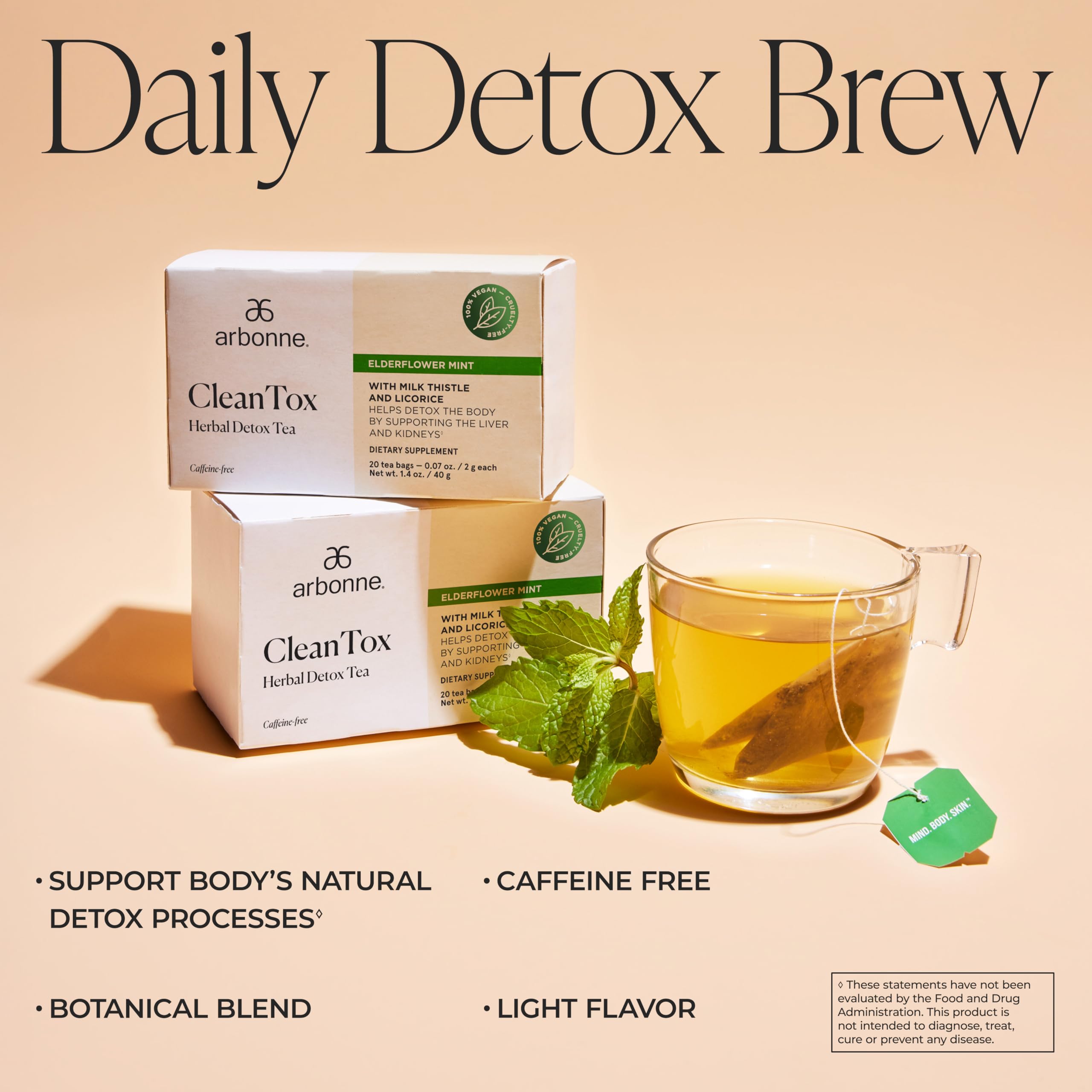 Arbonne Cleantox detalle de una bolsita y su textura, facilitando preparación por porción individual
