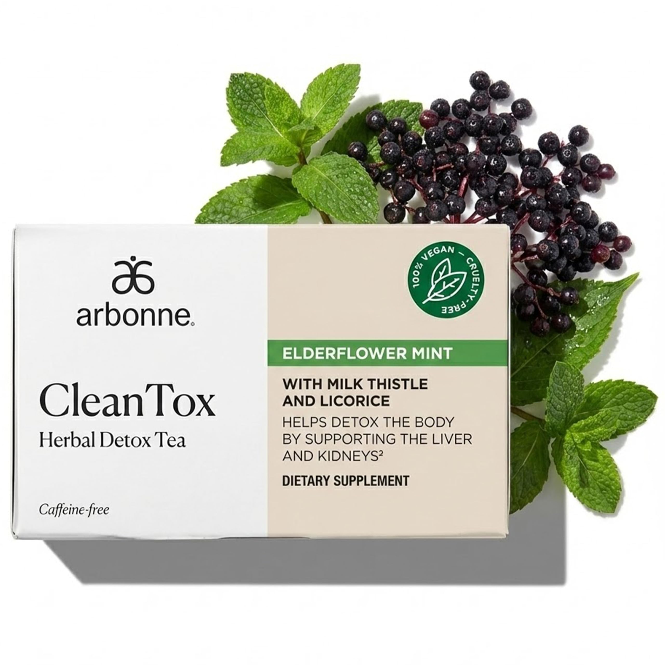 Arbonne Cleantox frente del empaque mostrando diseño y cantidad 20 bolsitas, ideal para rutinas diarias