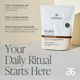 Arbonne Feelfit envase al lado de una cuchara para comparar tamaño y porciones